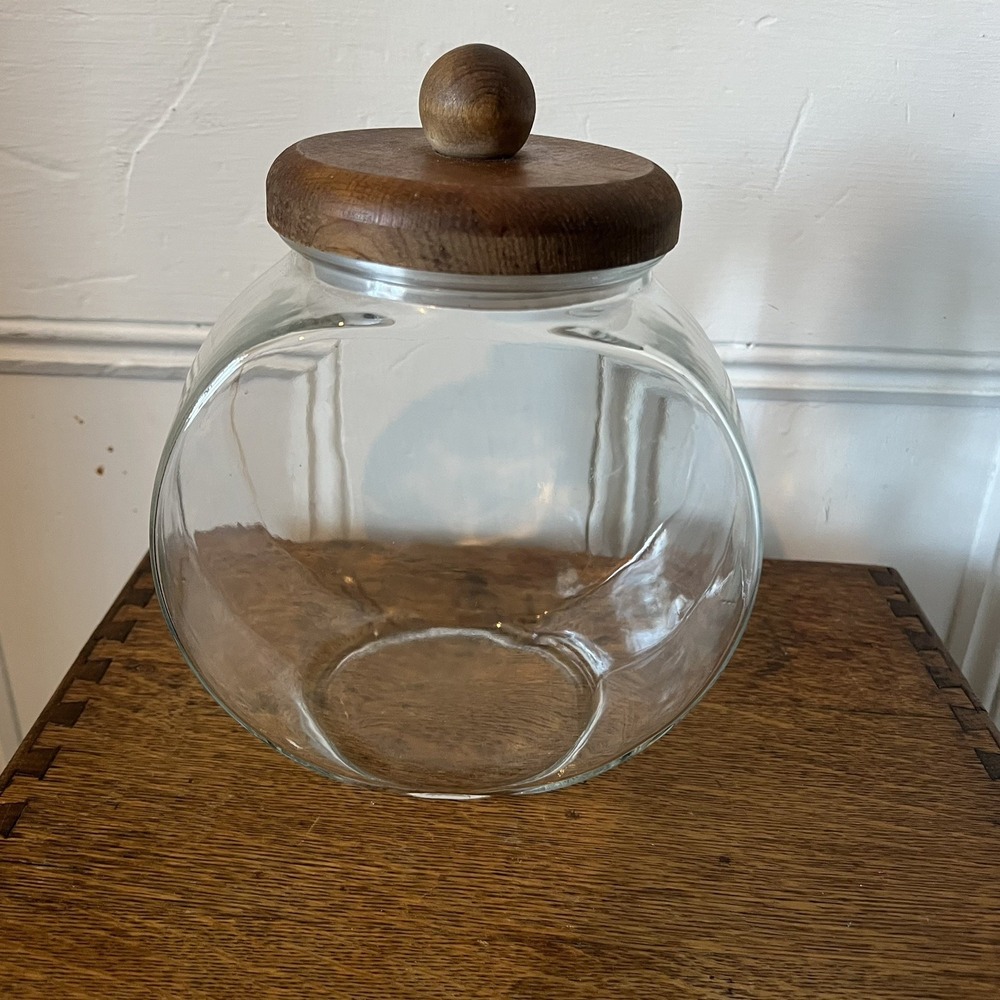 Vintage Round Glass Canister Storage Jar Wood Lid Ball Knob 1960s Clear